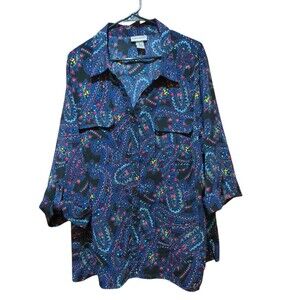 Catherines Multicolor Paisley Women's Button Down Blouse W/ Tab Sleeves Size 2X